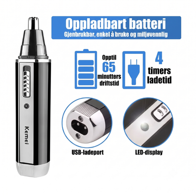 Trimmer med informasjon om oppladbart batteri, 65 minutters driftstid, 4 timers ladetid, USB-ladeport og LED-display