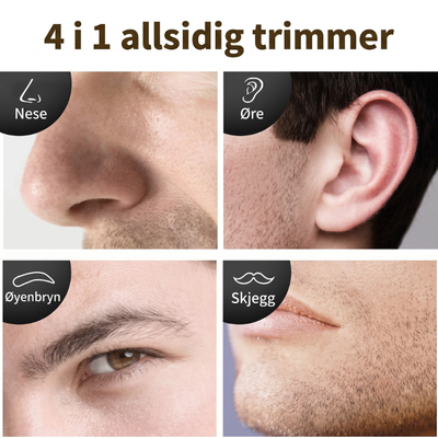 Kollasje med overskriften "4 i 1 allsidig trimmer" som viser nærbilder av nese, øre, øyenbryn og skjegg