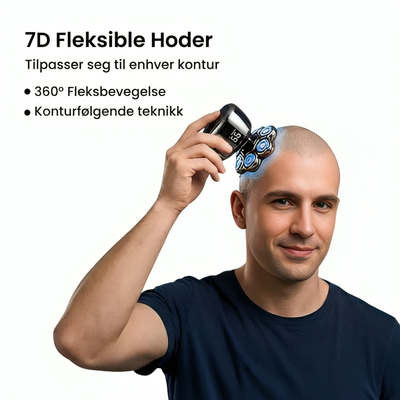 Man barberer hodet med en 7D-barbermaskin som tilpasser seg konturene