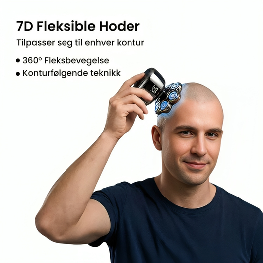 Man barberer hodet med en 7D-barbermaskin som tilpasser seg konturene