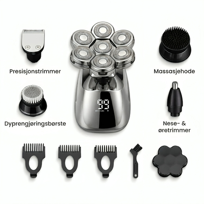 Alt tilbehør til barbermaskinen: trimmer, børster, kammer og ladekabel