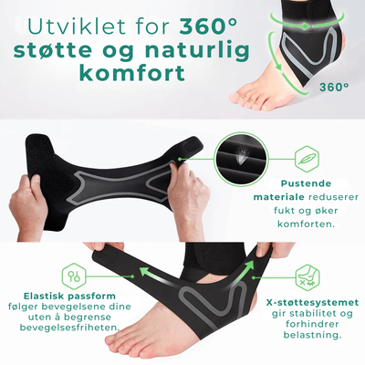 Ankelstøtte i svart neopren med elastisk støtte for ankel og fotbue – egnet ved plantar fasciitt, pronasjon og smerter i hælen