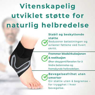 Ankelstøtte i svart neopren med elastisk støtte for ankel og fotbue – egnet ved plantar fasciitt, pronasjon og smerter i hælen