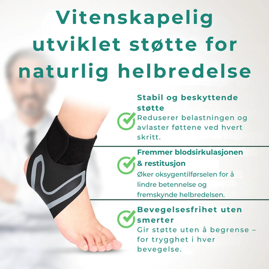 Ankelstøtte i svart neopren med elastisk støtte for ankel og fotbue – egnet ved plantar fasciitt, pronasjon og smerter i hælen