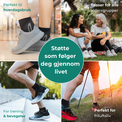 Ankelstøtte i svart neopren med elastisk støtte for ankel og fotbue – egnet ved plantar fasciitt, pronasjon og smerter i hælen