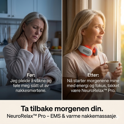 Før og etter — en kvinne i 50-årene våkner med nakkesmerter, deretter slapper hun av ved vinduet med NeuroRelax™ Pro rundt halsen og en kopp kaffe — lindrer morgenstivhet og nakkespenninger hjemme