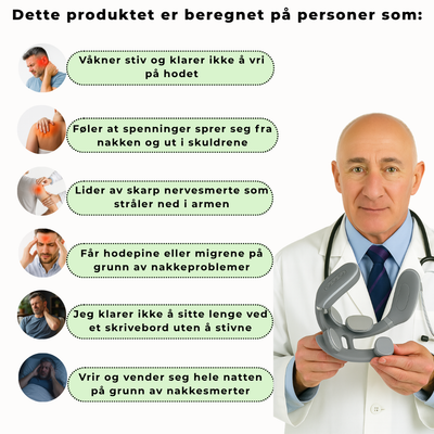 Produkt for nakkemassasje til personer med nakkesmerter, migrene, muskelspenninger, nervesmerter og stiv nakke