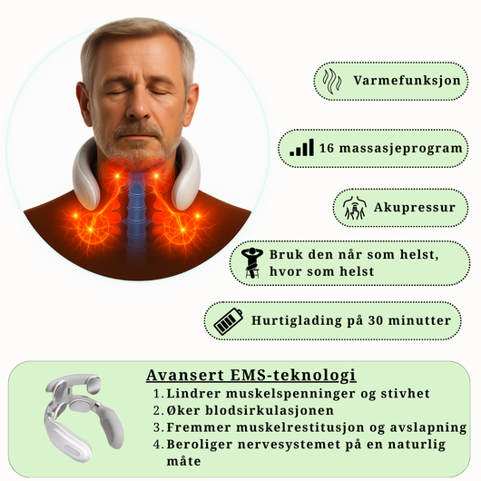 Nakkemassasje med varmefunksjon, akupressur og EMS for å øke blodsirkulasjonen og redusere spenninger i nakken