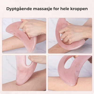 Fire eksempler på hvordan gua sha-skrapen brukes til massasje på arm, skulder og legg