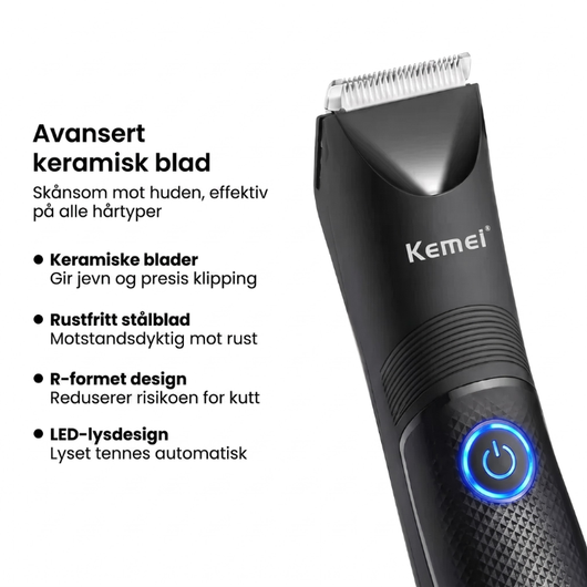 Trimmer med overskriften "Avansert keramisk blad" og liste over egenskaper som keramisk blad, rustfritt stål og R-formet design