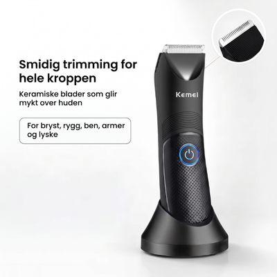 Trimmer med overskriften "Smidig trimming for hele kroppen" og nærbilde av det keramiske bladet