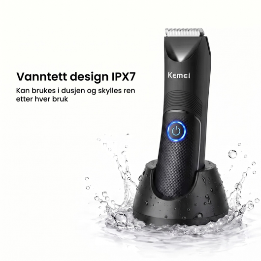 Trimmer i ladestasjon omgitt av vannsprut, med overskriften "Vanntett design IPX7"