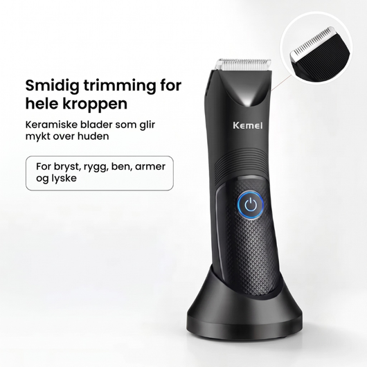 Trimmer med overskriften "Smidig trimming for hele kroppen" og nærbilde av det keramiske bladet