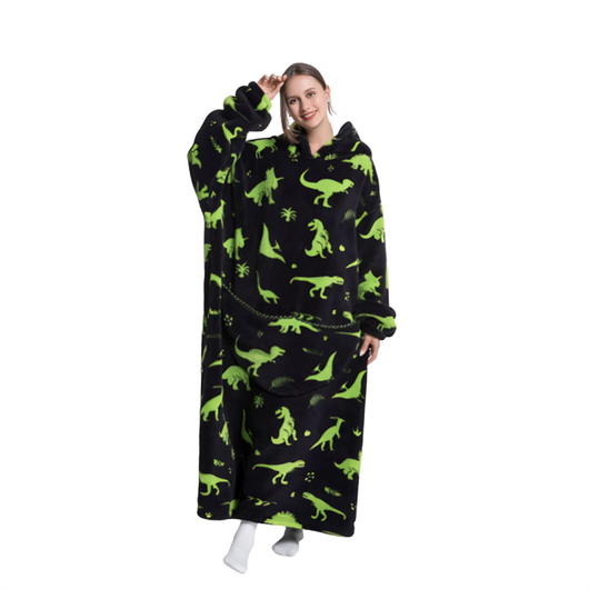 Svart oversized hettegenser med grønt dinosaurmønster, lang modell