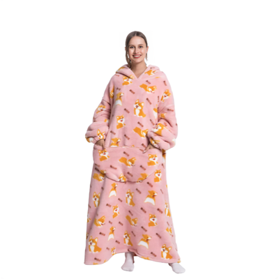 Rosa oversized hettegenser med corgi-mønster, lang modell