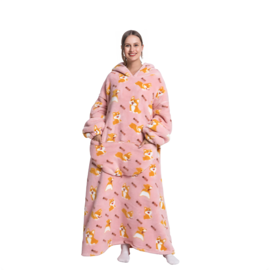 Rosa oversized hettegenser med corgi-mønster, lang modell
