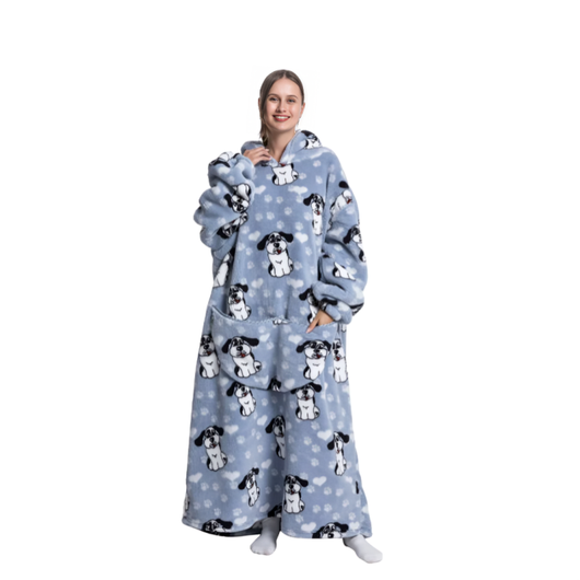 Blå oversized hettegenser med hunde- og hjertemønster, lang modell