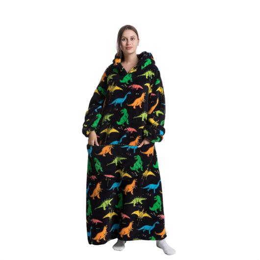 Svart oversized hettegenser med fargerikt dinosaurmønster, lang modell