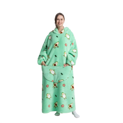 Grønn oversized hettegenser med avokadomønster, lang modell