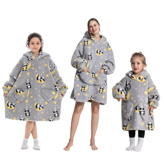 Grå oversized hettegenser med panda- og månemønster for voksen og barn