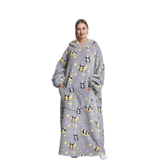 Grå oversized hettegenser med panda- og månemønster, lang modell