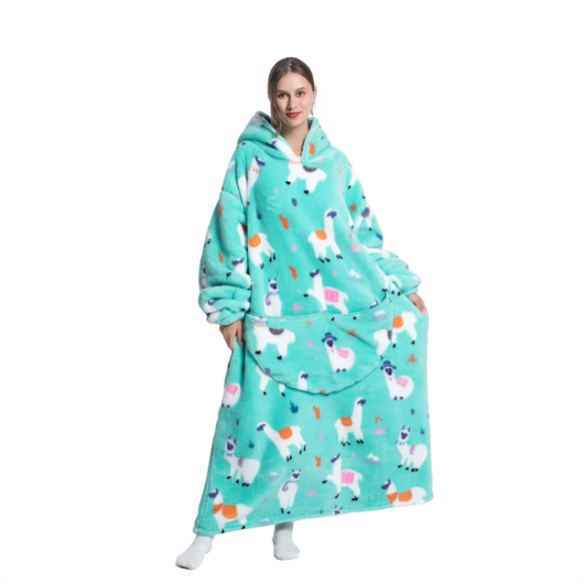 Turkis oversized hettegenser med lamamønster, lang modell