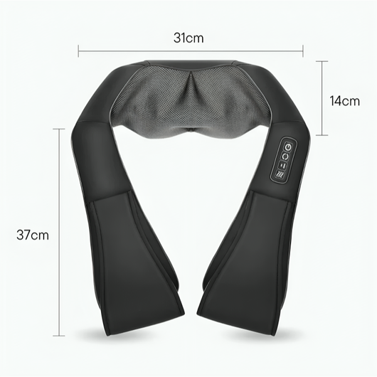 Shiatsu nackmassager med mått – 31cm bred, 37cm lång och 14cm hög, mot vit bakgrund