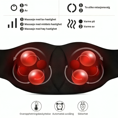 Shiatsu nakkemassasjer – infografikk som viser funksjoner: hastighetsnivåer, rotasjonsvalg, varmefunksjon, overopphetningsbeskyttelse og automatisk avstengning