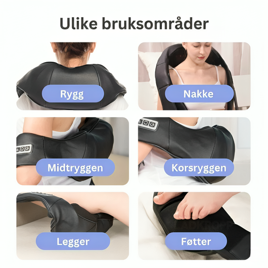 Shiatsu nakkemassasjer med varme – viser ulike bruksområder: rygg, nakke, midtryggen, korsryggen, legg og føtter