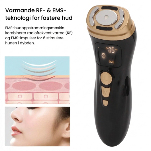 Illustrasjon av hvordan ansiktsmaskinens varme- og EMS-teknologi virker i hudlagene