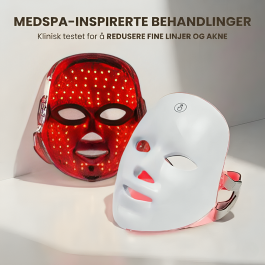 To LED-ansiktsmasker mot hvit bakgrunn – én rød gjennomsiktig og én hvit silikon