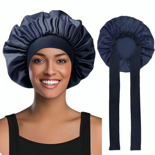 Kollasje som viser kvinne iført marineblå satin bonnet samt bonneten sett nedenfra med sine justerbare knytebånd