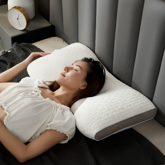Kvinne sover på ryggen med hodet hvilende mot den ergonomiske konturputen