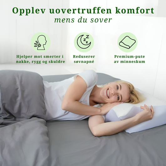 En kvinne sover komfortabelt på en ergonomisk minneputepute som lindrer nakke- og ryggsmerter, forbedrer søvnkvaliteten og sirkulasjonen.