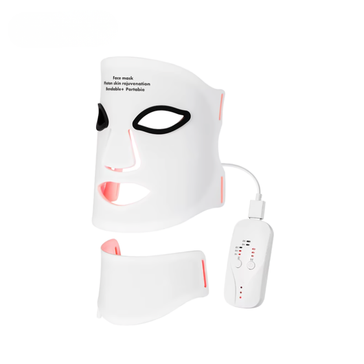 InfraRelief™ ansiktsmaske 2.0 i hvitt medisinsk silikon med halsmaske og fjernkontroll – LED-maske for rødlysbehandling