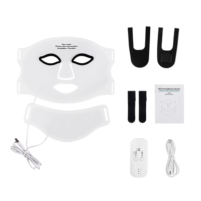 InfraRelief™ ansiktsmaske 2.0 – komplett sett med ansiktsmaske, halsmaske, fjernkontroll, USB-C-ladekabel, øyeputer og brukerhåndbok