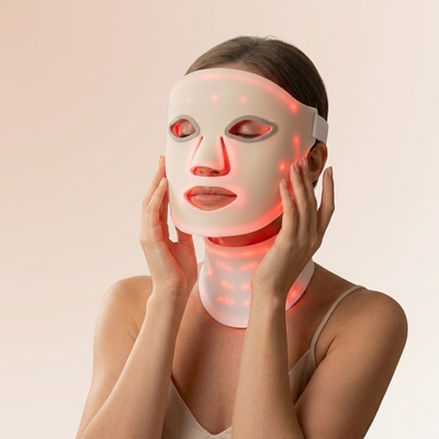 Kvinne med InfraRelief™ LED-ansiktsmaske i hvitt med rødt lys mot beige bakgrunn