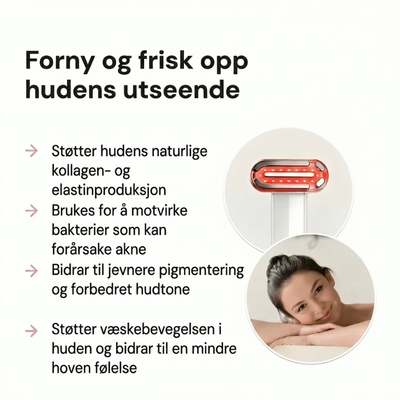 Infografikk for InfraRelief – fordeler: fremmer produksjonen av kollagen og elastin, motvirker bakterier som forårsaker akne, bidrar til jevnere pigmentering og fremmer væskesirkulasjonen i huden