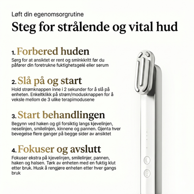 Trinn-for-trinn-veiledning for InfraRelief hudpleieapparat – forbered huden, slå på og start, start behandlingen, fokuser og avslutt