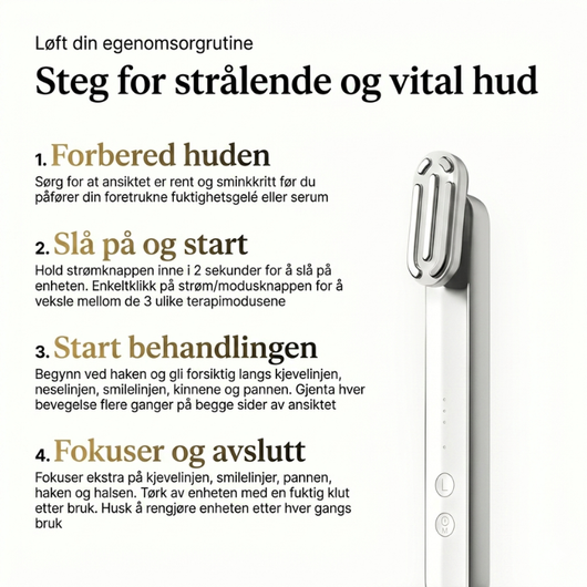 Trinn-for-trinn-veiledning for InfraRelief hudpleieapparat – forbered huden, slå på og start, start behandlingen, fokuser og avslutt