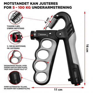 Justerbar håndtrener med måler – Trening for underarmer og fingre, grepstyrke 5–100 kg