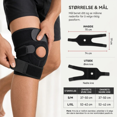 Størrelsestabell for knestøtte med mål for innside og utside samt omkrets for S/M og L/XL