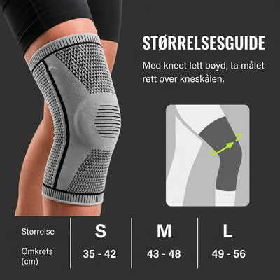 Størrelsesguide for knestøtte med måleinstruksjon og tabell S–L