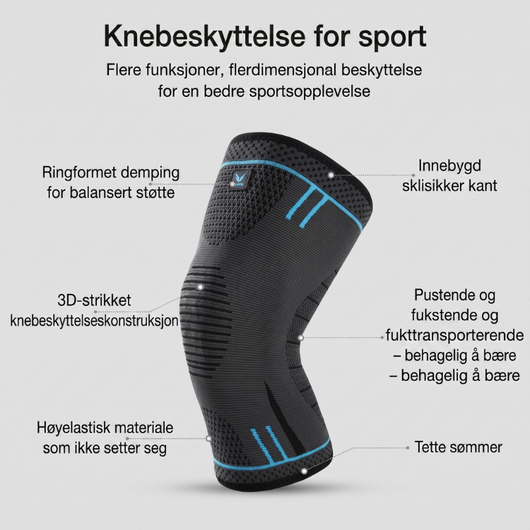 Infografikk: Nordcura knebeskyttere – egenskaper: ringformet støtdemping, innebygd sklisikker kant, 3D-strikket konstruksjon, pustende materiale, svært elastiske og tette sømmer
