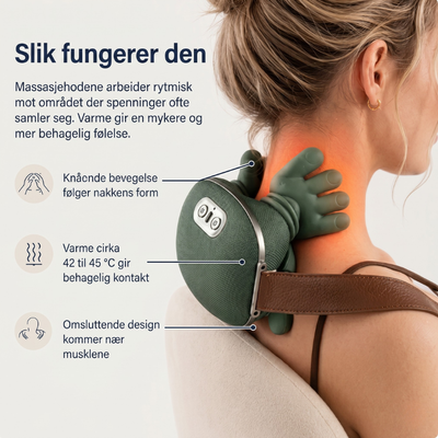 Kvinne som bruker grønn elektrisk nakkemassasjer på nakken – infografikk viser knadende bevegelse, varmefunksjon 42–45°C og omsluttende design