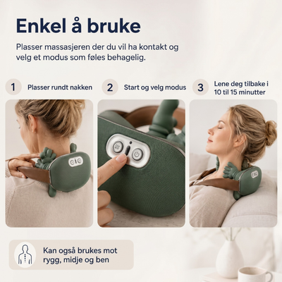 Tre trinn for å bruke elektrisk nakkemassasjer – plasser rundt nakken, velg modus, lene deg tilbake i 10–15 minutter