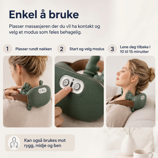 Tre trinn for å bruke elektrisk nakkemassasjer – plasser rundt nakken, velg modus, lene deg tilbake i 10–15 minutter