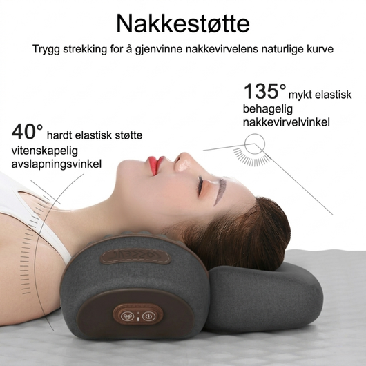 Kvinne som ligger på 3-i-1 nakkemassasjepute – infografikk viser nakkestøtte med 40° og 135° ergonomiske vinkler for optimal strekk