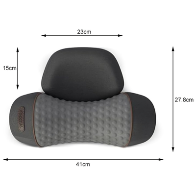 3-i-1 nakkemassasjepute med mål – 41cm bred, 27,8cm dyp og 15cm høy nakkdel, mot hvit bakgrunn