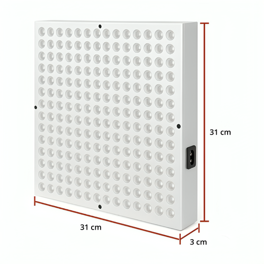 NordCura™ LightPanel 225 – LED-panel for rødlysbehandling med 225 dioder, 660 nm og 850 nm infrarød lysbehandling. Aluminiumpanel på 31×31 cm med strømkabel, opphengssett og øyebeskyttelse. Profesjonell rødlysbehandling hjemme.